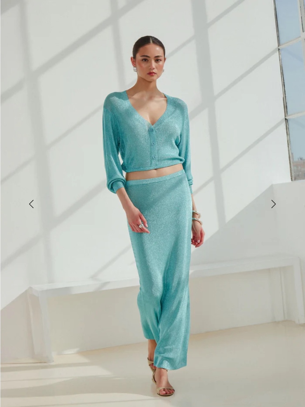 SEROYA HARMONY METALLIC KNIT CARDIGAN & SKIRT